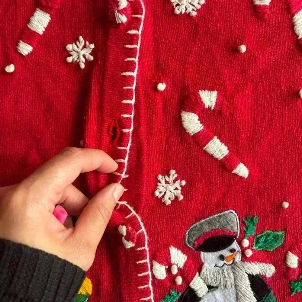 VTG Victoria Jones Christmas Sweater Large Red Button Up Cardigan Snowman - Picture 6 of 11
